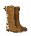 Stylish and warm, these ultra-luxe boots from Ermanno Scervino feature supple suede with a lavish fur lining - Rounded toe, chunky heel, mid-shaft length, buckle detail at ankle, fur trim and lining, pull-on style - Wear with skinny jeans, an oversized cashmere pullover, and a modernized parka