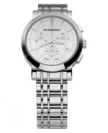 This Burberry watch features a stainless steel bracelet and round case. Etched dial with silvertone stick indices, logo, date window and three subdials. Swiss made. Quartz movement. Water resistant to 50 meters. Two-year limited warranty.