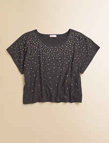 Reminiscent of a starry night, this sequin-embellished crop top is out of this world.ScoopneckShort sleevesPullover styleCropped hem95% viscose/5% spandexHand washImported Reminiscent of a starry night, this sequin-embellished crop top is out of this world.ScoopneckShort sleevesPullover styleCropped hem95% viscose/5% spandexHand washImported