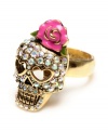 Graveyard glamour, by Betsey Johnson. Who else could make a glass Czech stone-accented skull with heart-shaped eyes look so pretty? Ring crafted from antique gold-plated mixed metal with pink enamel flower accent. Size 7.