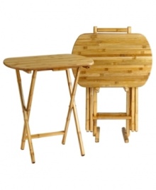 Perfect for sick days and movie nights, Lipper International snack tables fold up on a stand for easy storage when you're not enjoying meals by the TV or in bed. Perfect for sick days and movie nights, Lipper International snack tables fold up on a stand for easy storage when you're not enjoying meals by the TV or in bed.