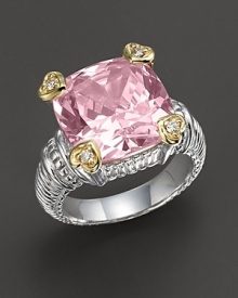 Faceted pink crystal stone ring is offset by four heart-shaped diamond accents set in 18 Kt. gold. Textured sterling silver band. Designed by Judith Ripka. Faceted pink crystal stone ring is offset by four heart-shaped diamond accents set in 18 Kt. gold. Textured sterling silver band. Designed by Judith Ripka.