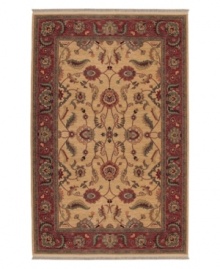 Classic design merges with easy going elegance in a collection that combines timeless elements without the formal styling. The scrolling vine and blossom design is punctuated with oversized palmettes and serrated leaves. Each is woven in premium full worsted New Zealand wool. Created with the magnificent look of a hand knotted rug, bordered with multiple, mellow colors and hand washed for a soft, lustrous, vintage look that's at home in any decor. Classic design merges with easy going elegance in a collection that combines timeless elements without the formal styling. The scrolling vine and blossom design is punctuated with oversized palmettes and serrated leaves. Each is woven in premium full worsted New Zealand wool. Created with the magnificent look of a hand knotted rug, bordered with multiple, mellow colors and hand washed for a soft, lustrous, vintage look that's at home in any decor.