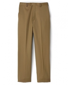 With a center crease and tab button closure, this flat-front pant is a classic go-to piece for his dressier wardrobe. With a center crease and tab button closure, this flat-front pant is a classic go-to piece for his dressier wardrobe.