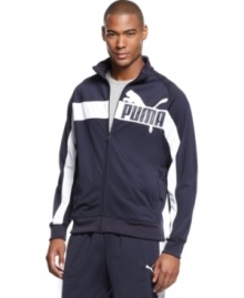 Get sporty style in quick fashion with this track jacket from Puma. Get sporty style in quick fashion with this track jacket from Puma.