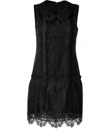 With its demure round collar and sultry black lace, Anna Suis sleeveless sheath is a sweet and chic take on the Little Black Dress - Round collar, sleeveless, dropped waistline, softly gathered skirt, hidden back zip, scalloped hemline - Softly tailored fit - Wear with heels and a leather biker jacket