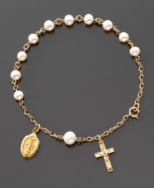 Pretty pearls are accented with beautiful religious charms and set in 14k gold. Featuring ten 4 mm cultured freshwater pearls and one 6 mm cultured freshwater pearl. Approximate length: 7-1/2 inches. Mary charm is approximately 1/2 inches long. Cross charm is approximately 3/4 inches long.