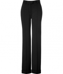 Luxurious pants made ​.​.from fine black wool - New elegant silhouette with slightly flared legs - Creases, short waistband and belt loops, side pockets - A classic AND fashionable look that works great for the office - Looks grown up, professional and dressed up - A terrific basic to wear with blouses, tops, cardigans