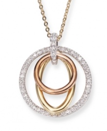 Elegant and eye-catching, this unique pendant presents an on-trend mixture of metallics. The trinity of circles in silver, rose gold and gold tone mixed metal creates a classic and refined look that combines well with any outfit. Approximate length: 15 inches. Approximate drop: 3/4 inch. Elegant and eye-catching, this unique pendant presents an on-trend mixture of metallics. The trinity of circles in silver, rose gold and gold tone mixed metal creates a classic and refined look that combines well with any outfit. Approximate length: 15 inches. Approximate drop: 3/4 inch.