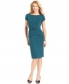 Evan Picone's petite ponte-knit sheath looks sleek with coordinating belt and tiered peplum detail.