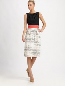 Pretty lace pairs with windowpane tweed in this feminine spin on the classic sheath.Jewel necklineSleevelessGathered bodiceWide waistbandFront pleats below waistCenter back zipperBack slitAbout 26 from natural waist69% cotton/19% nylon/7% polyester/4% acrylic/1% viscoseDry cleanMade in USA of imported fabricModel shown is 5'9 (175cm) wearing US size 4. Pretty lace pairs with windowpane tweed in this feminine spin on the classic sheath.Jewel necklineSleevelessGathered bodiceWide waistbandFront pleats below waistCenter back zipperBack slitAbout 26 from natural waist69% cotton/19% nylon/7% polyester/4% acrylic/1% viscoseDry cleanMade in USA of imported fabricModel shown is 5'9 (175cm) wearing US size 4.