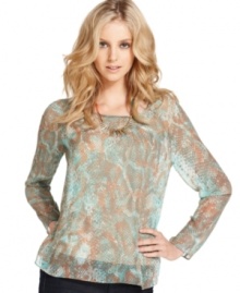 Add a pop of print to your wardrobe with this python-chiffon Kensie blouse -- perfect for a desk-to-dinner look! Add a pop of print to your wardrobe with this python-chiffon Kensie blouse -- perfect for a desk-to-dinner look!