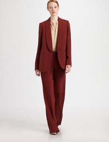 This chic menswear-inspired silhouette features a soft, on-trend shawl collar.Shawl collarButton closureWelt breast pocketSide welt pocketsVented cuffsBack ventFully linedAbout 28 from shoulder to hemSilkDry cleanImportedModel shown is 5'10 (177cm) wearing US size 4. This chic menswear-inspired silhouette features a soft, on-trend shawl collar.Shawl collarButton closureWelt breast pocketSide welt pocketsVented cuffsBack ventFully linedAbout 28 from shoulder to hemSilkDry cleanImportedModel shown is 5'10 (177cm) wearing US size 4.