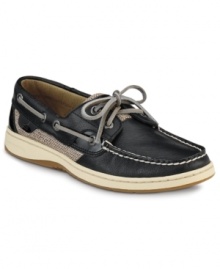 Sperry Top-Sider adds new touches to the Bluefish Boat Shoes to make them the height of preppy chic.  Madras plaid trim highlights the classic nautical-inspired details.