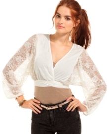 Bring feminine spirit to your outfit! Lacy sleeves balloon with soft drama on Planet Gold's ethereal crop top. Bring feminine spirit to your outfit! Lacy sleeves balloon with soft drama on Planet Gold's ethereal crop top.