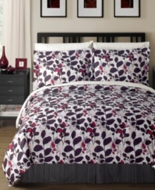 Turn over a new leaf. A dramatic red and purple allover leaf pattern adorns the Shadows comforter set for a look that stands out in any bedroom. White sheets and pillowcases feature a stenciled pattern of leaves, softening the bold tones of the comforter and shams. Turn over a new leaf. A dramatic red and purple allover leaf pattern adorns the Shadows comforter set for a look that stands out in any bedroom. White sheets and pillowcases feature a stenciled pattern of leaves, softening the bold tones of the comforter and shams.