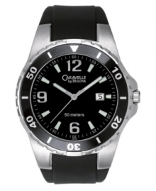 A comfortable, sports watch feel with refined style, from Caravelle by Bulova. Black rubber strap. Silvertone mixed metal round case and round black dial with date window, logo and numeral indices. Quartz movement. Water resistant to 50 meters. Two-year limited warranty. A comfortable, sports watch feel with refined style, from Caravelle by Bulova. Black rubber strap. Silvertone mixed metal round case and round black dial with date window, logo and numeral indices. Quartz movement. Water resistant to 50 meters. Two-year limited warranty.