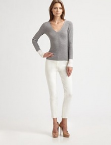 This rib-knit wool style features contrast cuffs, for an on-trend colorblock effect.V necklineContrast cuffsWoolDry cleanMade in SwitzerlandModel shown is 5'10 (177cm) wearing US size 4. This rib-knit wool style features contrast cuffs, for an on-trend colorblock effect.V necklineContrast cuffsWoolDry cleanMade in SwitzerlandModel shown is 5'10 (177cm) wearing US size 4.