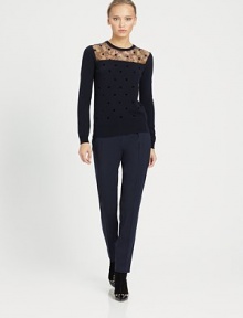 Soft velvet polka dots and a delicate lace yoke dress up this finespun cashmere-blend pullover.Banded crewneckSheer lace yokeRIb-knit cuffs and hem70% wool/30% cashmereDry cleanMade in ItalyModel shown is 5'8 (172cm) wearing US size 4. Soft velvet polka dots and a delicate lace yoke dress up this finespun cashmere-blend pullover.Banded crewneckSheer lace yokeRIb-knit cuffs and hem70% wool/30% cashmereDry cleanMade in ItalyModel shown is 5'8 (172cm) wearing US size 4.