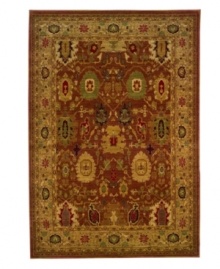 Intricately designed in warm red and gold tones with rich, dark accents, this stately rug adds distinguished decoration to both casual and formal rooms in your home. Soft nylon fabric is cross-woven for exceptional durability. Intricately designed in warm red and gold tones with rich, dark accents, this stately rug adds distinguished decoration to both casual and formal rooms in your home. Soft nylon fabric is cross-woven for exceptional durability.