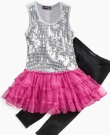 Catch the sun. She'll love how she shines in the sparkly sequins of this tutu dress from Tempted, with comfy matching leggings to complement her sweet style. Catch the sun. She'll love how she shines in the sparkly sequins of this tutu dress from Tempted, with comfy matching leggings to complement her sweet style.