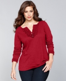 Ruffles make for a fun, feminine take on the traditional henley tee! INC's stylish plus size version also features rhinestone buttons for a little extra shine.