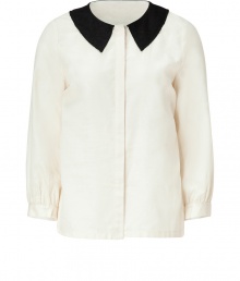 Demure yet delightful, this ultra-chic collared blouse from Marc by Marc Jacobs adds retro-chic charm to your daytime style - Embroidered Peter Pan collar, long sleeves with slightly gathered cuffs, concealed front button placket, gathered back yoke, fitted silhouette - Wear with skinny jeans, cropped trousers, or a sleek pencil skirt