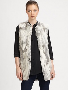 A textured natural or dyed rabbit style in an easy to layer vest design. Stand collarSleevelessOpen frontAbout 30 from shoulder to hemFully linedDyed or natural rabbitSpecialist dry cleanImported Fur origin: China A textured natural or dyed rabbit style in an easy to layer vest design. Stand collarSleevelessOpen frontAbout 30 from shoulder to hemFully linedDyed or natural rabbitSpecialist dry cleanImported Fur origin: China