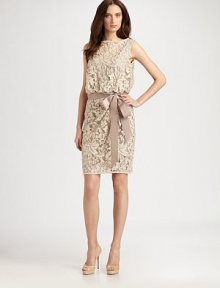 Textural floral lace in a blouson silhouette, cinched at the waist with a grosgrain bow.BoatneckSleevelessGrosgrain waistband with side bowBack keyhole detailConcealed back zipFully linedAbout 26 from natural waist60% cotton/40% nylonDry cleanImportedModel shown is 5'10 (177cm) wearing US size 4. Textural floral lace in a blouson silhouette, cinched at the waist with a grosgrain bow.BoatneckSleevelessGrosgrain waistband with side bowBack keyhole detailConcealed back zipFully linedAbout 26 from natural waist60% cotton/40% nylonDry cleanImportedModel shown is 5'10 (177cm) wearing US size 4.