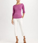 Finespun cable-knit silk, with a pretty bateau neckline and an alluringly low, scooped back.Bateau necklineLong sleevesRib-knit cuffs and hemScooped backSilkDry cleanImportedModel shown is 5'9 (175cm) wearing US size Small. 