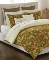 Bask in this Tropical Harvest comforter set from Tommy Bahama, featuring a tropical flora pattern in warm earthy tones, creating a rich balance between a summer and autumn feel. Finished in 230-thread count sateen. Reverses to herringbone print.