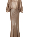 Lustrous liquid silk cascades down the back of this matte gold Plein Sud gown for stately results guaranteed to make a high-style impact - High neckline with tie at nape, oversized draped dolman 3/4 sleeves, backless, hidden side zip, flared mermaid hemline - Loosely draped top, fitted floor-length skirt - Polish with a dusting of fine jewelry and statement platform pumps