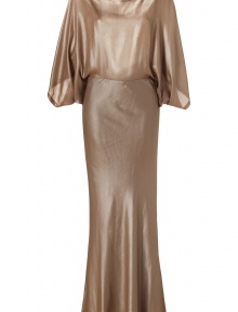 Lustrous liquid silk cascades down the back of this matte gold Plein Sud gown for stately results guaranteed to make a high-style impact - High neckline with tie at nape, oversized draped dolman 3/4 sleeves, backless, hidden side zip, flared mermaid hemline - Loosely draped top, fitted floor-length skirt - Polish with a dusting of fine jewelry and statement platform pumps