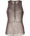 Take the texture trend to your cocktail-ready look with Theyskens Theorys ultra cool textural beaded top, detailed in muted dark gold hues for that sophisticated luxe look - Round neckline, sleeveless, hidden back zip, seamed back waist, sheer - Fitted - Team with blazers, slim-fit separates and pumps for cocktails