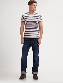 Multicolored stripes add a modern touch to this classic cotton v-neck. V-neckShort sleevesCottonMachine washMade in USA