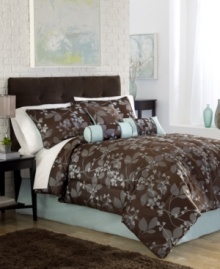 Falling leaves. A fanciful vine and leaf design embellishes this jacquard woven Juno comforter set, boasting a rich brown and light blue palette with decorative twisted cord accents for a touch of sophistication. Falling leaves. A fanciful vine and leaf design embellishes this jacquard woven Juno comforter set, boasting a rich brown and light blue palette with decorative twisted cord accents for a touch of sophistication.