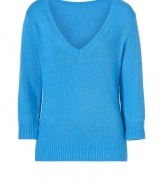 Ultra soft in bright French blue, LAgences knit V-neck pullover is an easy choice for casual-chic looks - V-neckline, 3/4 sleeves, ribbed trim - Easy straight fit - Layer with tissue tees and extra slim skinnies