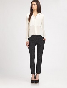 Opulent cotton jacquard, impeccably tailored in a sleek ankle-baring style.Tab-front waistBelt loopsZip-flySlash pocketsCuffed hemBack welt pocketsRise, about 8Inseam, about 2547% polyester/34% cotton/19% viscoseDry cleanMade in USA of imported fabricModel shown is 5'9½ (176cm) wearing US size 4. Opulent cotton jacquard, impeccably tailored in a sleek ankle-baring style.Tab-front waistBelt loopsZip-flySlash pocketsCuffed hemBack welt pocketsRise, about 8Inseam, about 2547% polyester/34% cotton/19% viscoseDry cleanMade in USA of imported fabricModel shown is 5'9½ (176cm) wearing US size 4.