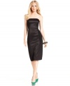 Vince Camuto tweaks the quintessential cocktail dress, crafting this version in a strapless silhouette with a satin inset at the center.