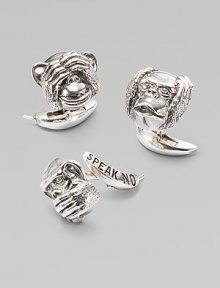 A clever addition to any gentleman's wardrobe in sterling silver, depicting the ancient axiom to see no evil, hear no evil, speak no evil. Set includes one of each Sterling silver About ½ diam. Imported A clever addition to any gentleman's wardrobe in sterling silver, depicting the ancient axiom to see no evil, hear no evil, speak no evil. Set includes one of each Sterling silver About ½ diam. Imported