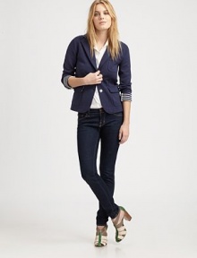 Soft jersey in a two-button blazer finished with chic striped turnback cuffs.Notch collarChest pocketBodice dartsFlap hip pocketsAbout 22 from shoulder to hem58% cotton/38% viscose/4% spandexDry cleanImportedModel shown is 5'11 (180cm) wearing US size Small. Soft jersey in a two-button blazer finished with chic striped turnback cuffs.Notch collarChest pocketBodice dartsFlap hip pocketsAbout 22 from shoulder to hem58% cotton/38% viscose/4% spandexDry cleanImportedModel shown is 5'11 (180cm) wearing US size Small.