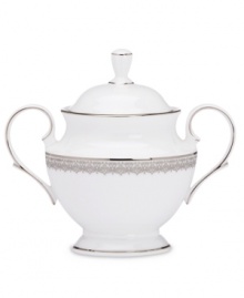 Inspired by the trim on an elegant couture gown, this graceful dinnerware and dishes collection from Lenox features an intricate platinum border that combines harmoniously with white bone china for unparalleled style.  Qualifies for Rebate