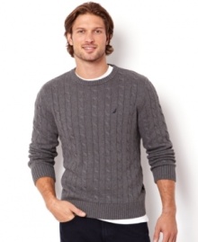 Fashionably appealing and classically stylish is this regular fit cable crew neck sweater by Nautica.