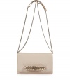 Elegant handbag in fine, supple, pale beige leather - On-trend, smaller rectangular envelope shape - Double chain shoulder strap with leather backing for added support - Decorative gold-tone metal hardware - Lined in graphic print fabric, with enough room to fit all of the essentials - Polished and practical, perfect for parties, cocktails and luncheons