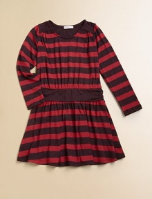 An effortless knit, both pretty and playful, in bold, bright stripes with a fun, flared skirt.Round necklineSolid shoulder insets with soft gatheringLong sleevesWide, solid ruched waistbandFlared skirt96% rayon/4% spandexMachine washImported An effortless knit, both pretty and playful, in bold, bright stripes with a fun, flared skirt.Round necklineSolid shoulder insets with soft gatheringLong sleevesWide, solid ruched waistbandFlared skirt96% rayon/4% spandexMachine washImported