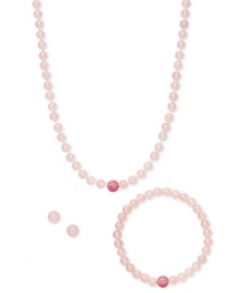 A fun update to your accessory collection, this matching set features a necklace, stretch bracelet and stud earrings crafted from rose quartz (6-8 mm) and crystal beads. Set in sterling silver. Approximate length (necklace): 18 inches. Approximate length (bracelet): 7 inches. Approximate diameter: 1/3 inch. A fun update to your accessory collection, this matching set features a necklace, stretch bracelet and stud earrings crafted from rose quartz (6-8 mm) and crystal beads. Set in sterling silver. Approximate length (necklace): 18 inches. Approximate length (bracelet): 7 inches. Approximate diameter: 1/3 inch.