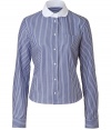 Elevate your workwear wardrobe with elegant staples like  Jil Sander Navys luxe striped cotton blouse - Crafted in a soft, pure white and blue cotton - Feminine, fitted cut is slightly cropped - Contrast Peter Pan collar and full button placket - Long, cuffed sleeves and small pocket at chest - A modern twist on a polished classic, perfect for pairing with suit trousers, cigarette pants and pencil skirts