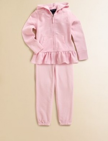 A fleece zip-up hoodie has girlish ruffles for comfort and style.Attached hoodFull-zip frontLong sleeves with ribbed cuffsSplit kangaroo pocketsRuffle trim60% cotton/40% polyesterMachine washImported A fleece zip-up hoodie has girlish ruffles for comfort and style.Attached hoodFull-zip frontLong sleeves with ribbed cuffsSplit kangaroo pocketsRuffle trim60% cotton/40% polyesterMachine washImported
