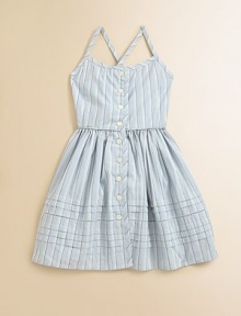A pretty vintage-inspired striped dress features a full gathered skirt for timeless style.Straight necklineThin cross-back strapsButton-frontGathered waistlineCottonMachine washImported Please note: Number of buttons may vary depending on size ordered. A pretty vintage-inspired striped dress features a full gathered skirt for timeless style.Straight necklineThin cross-back strapsButton-frontGathered waistlineCottonMachine washImported Please note: Number of buttons may vary depending on size ordered.