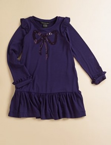 A sequined bow and soft, sweet ruffles adorn a knit dress that's as pretty as it is easy.Round band necklineLong sleeves with ruffles at shoulders and cuffsDropped waist with ruffled skirt97% viscose/3% elastaneMachine washImported A sequined bow and soft, sweet ruffles adorn a knit dress that's as pretty as it is easy.Round band necklineLong sleeves with ruffles at shoulders and cuffsDropped waist with ruffled skirt97% viscose/3% elastaneMachine washImported